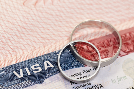 Wedding rings on passport with us visa as concept of marriage of convenience.