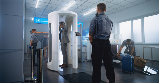 Airport Security Check: Mature Man Passes Through Metal Detector Scanner, Takes Bag from Conveyor Belt. Security Officer Checks Passenger for Plane Flight Boarding. Diverse Travelers Going on Trips.
