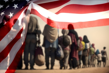 Immigrants under American flag