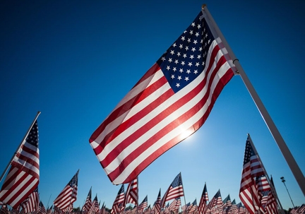 Close up of a U.S. flag among a sea of smaller U.S. flags.